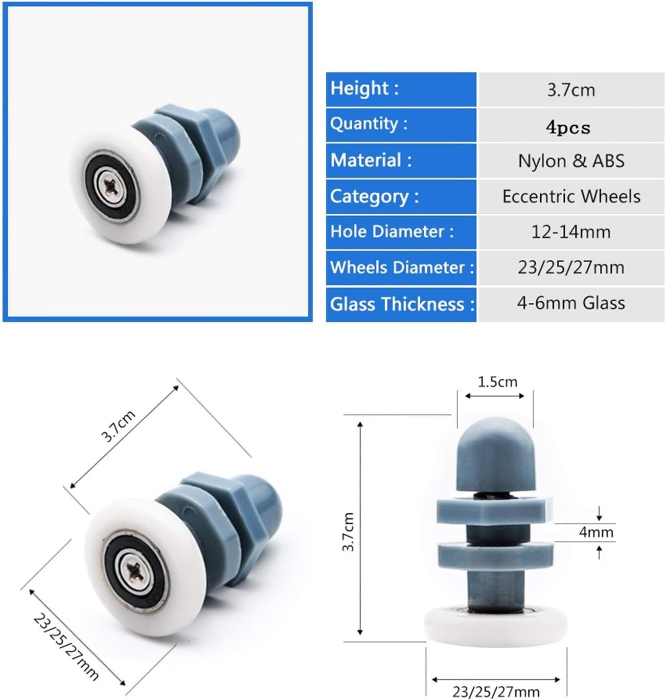 SBTRKT 4pcs/Lot ABS Plastic Rollers with Alloy Bearings, Diameter 23-27mm, Replacement for Glass Doors in Bathrooms, Home Decoration Accessories. (Color : Diameter 27MM)