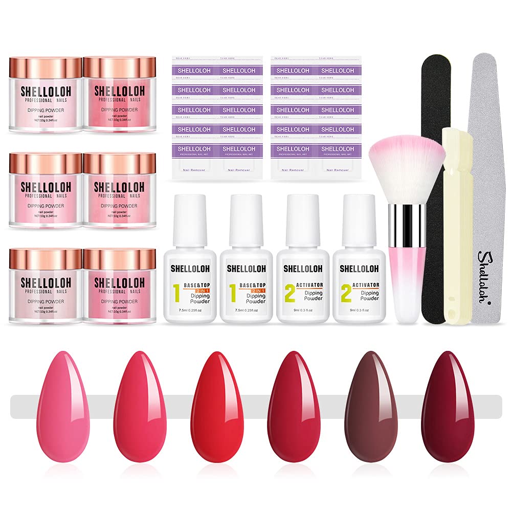 Dipping Nail Powder Starter Kit, 6 Colors Classic Red &Brown & Pink Collection Dipping Powder with Activator and Base&Top Coat Manicure Tool French Nail Art Gifts