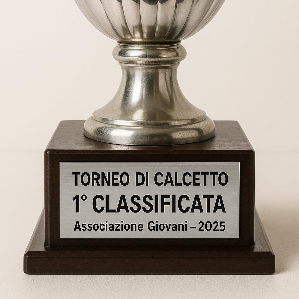Targhetta per Trofei e Coppe in laminato plastico Oro o Argento, incise a Laser, testi e misure personalizzabili, con Biadesivo 3M