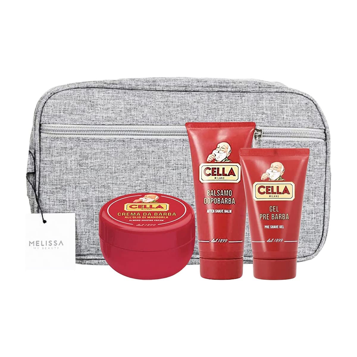 SET BARBA: BALSAMO DOPOBARBA 100ML+ GEL PRE BARBA 75ML+ CREMA ALL'OLIO DI MANDORLE 150ML+ POCHETTE MELISSA
