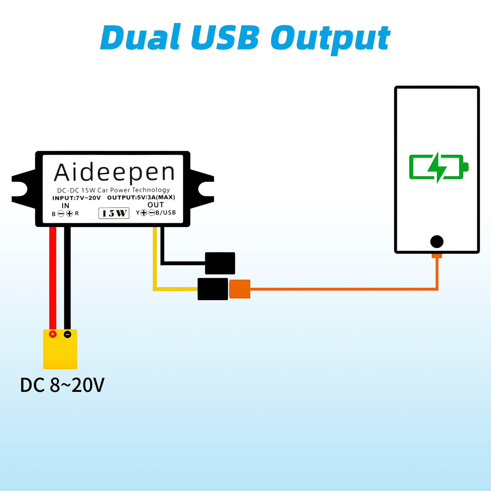 Aideepen Convertitore di Tensione DC-DC da 12V a 5V 3A 15W, Regolatore di Tensione, Convertitore Buck con Due Porte USB (Porte di Linea)