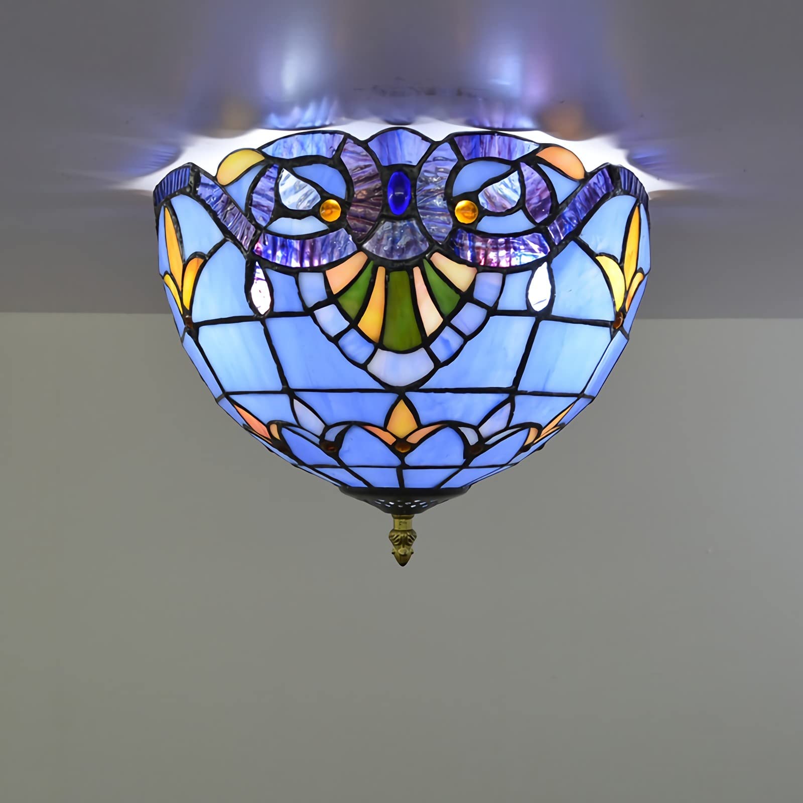 YNIYUJKL Tiffany-Style Ceiling Light Flush Mount, Blue Baroque Stained Glass Shade Ceiling Lamp, Vintage Decor E27 Chandeliers For Bedroom Bathroom Hallway Living Room Kitche