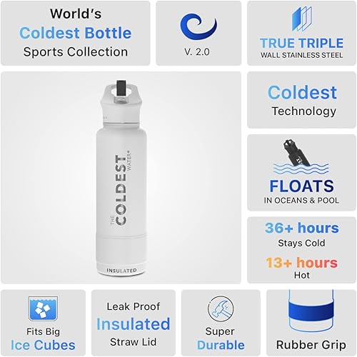 Miniatura 117 de Coldest - Botella de agua deportiva con tapa con popote y asa, a prueba de fugas, de acero inoxidable con aislamiento al vacío de doble pared,