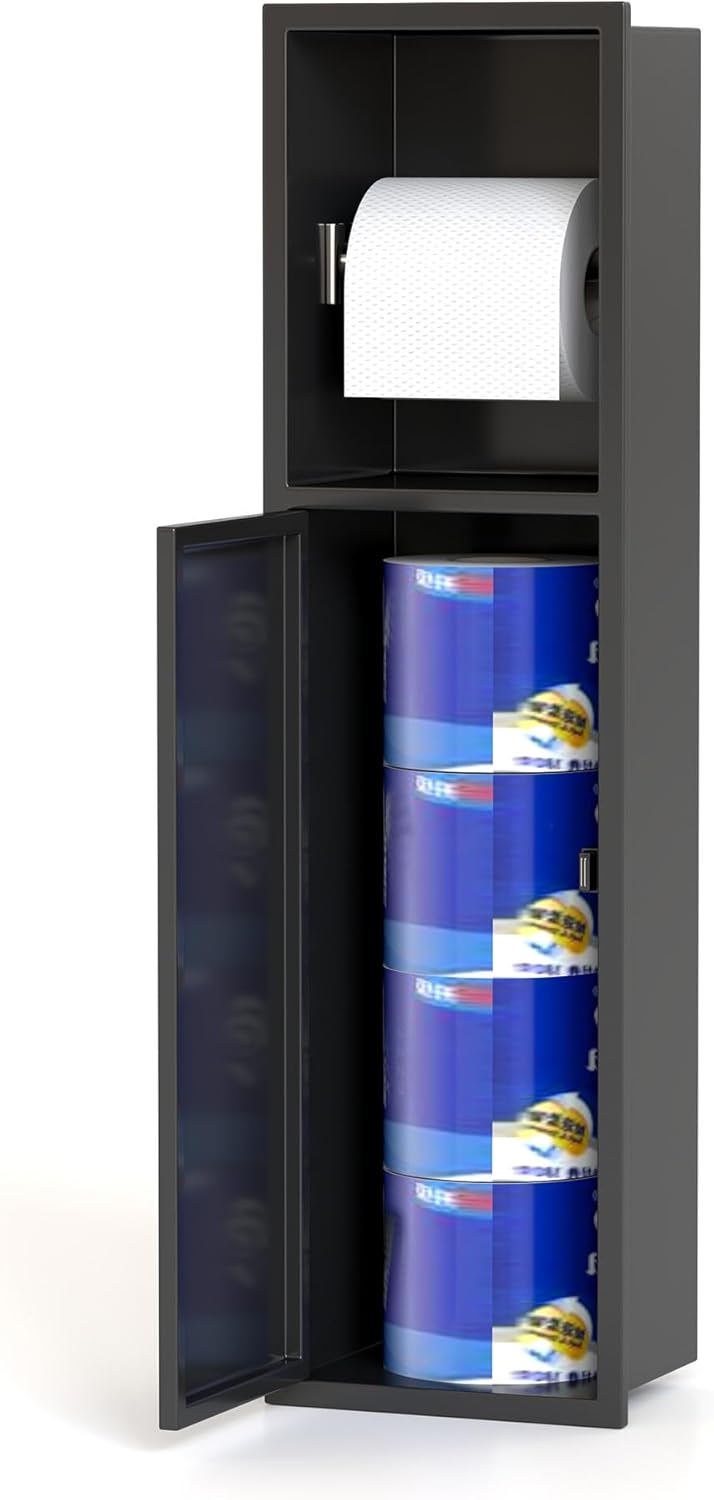 in Wall Toilet Paper Holder Stainless Steel Recessed Wall Roll Paper Holder Toiletries Toilet Brush Holder Storage Cabinet Stand with 2 Storage for Bathroom Matte Black (24'' H) 4.7"D x 5.9"W x 23.6"H