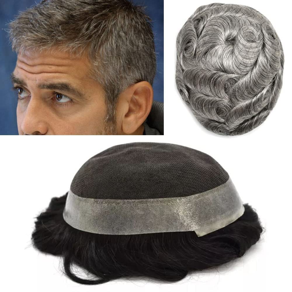 US Toupee For Men Hair Units French Lace Hair Pieces Real Human Hair With Clear Poly Skin Aroud Mens Toupee Mix Gray Hair Breathable Men Hair Replacement Systems US Stock. (8X10"-100% light to medium density, 5# MEDIUM LIGHT BROWN)