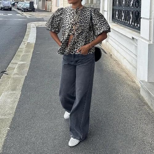 Tie Front Tops Womens Y2k Leopard Print Peplum Babydoll Top 3/4 Length Puff Sleeve Coquette Cute Going Out Tops2
