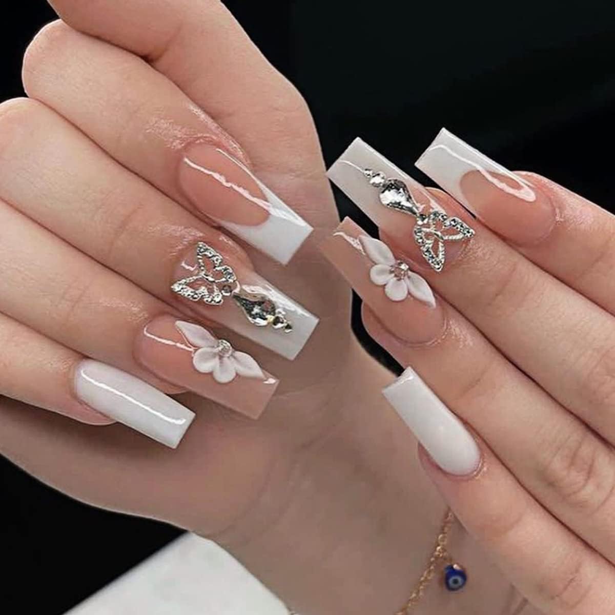 Azonee 24 Pcs Press on Nails Long Square Shape Fake Nails, White Acrylic Nails Glossy Nude Glue on Nails French False Nail Tips, Diamond Cherry Bow Pearl Design Fake Nails Convenient Wear
