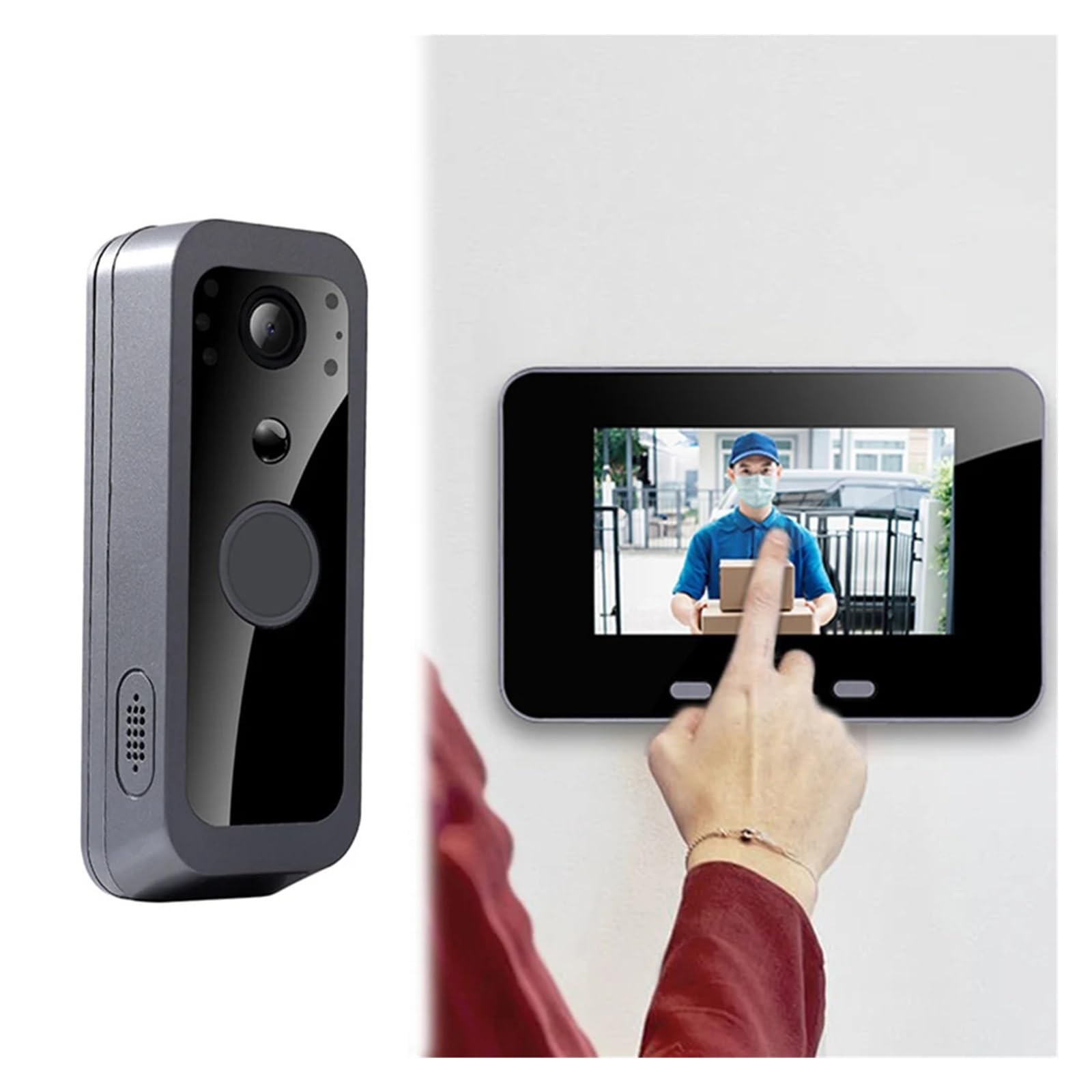 Sonnette extérieure vidéo 2,4 GHz, écran IPS Pouces, détection de Mouvement PIR bidirectionnelle, for Villa, Maison, Bureau, Appartement Grand Angle