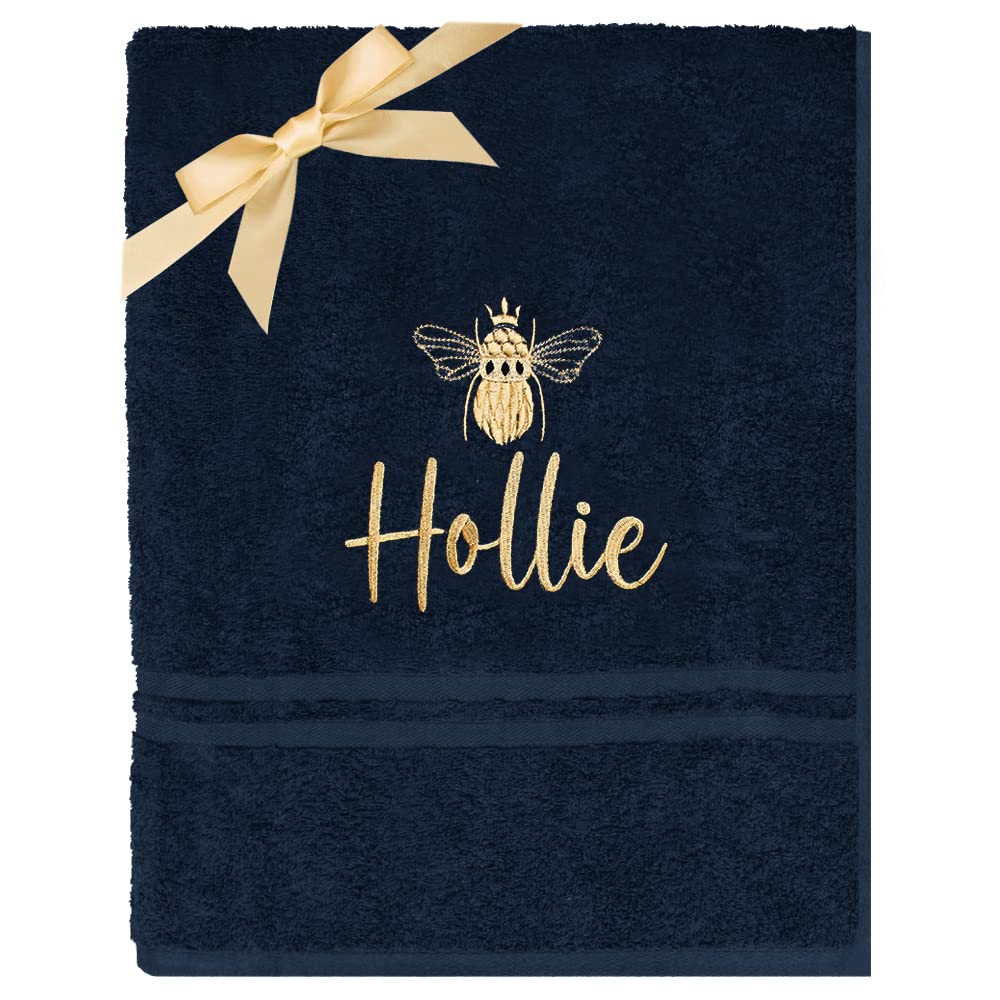 Teddyt's Navy Personalised Gold Bee Embroidered Towel (Bath Towel, )