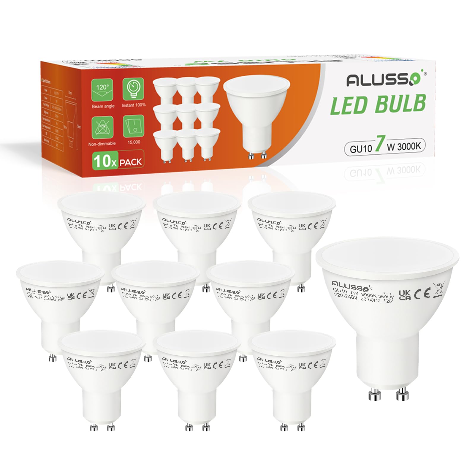 ALUSSO GU10 LED Warmweiss 7W Glühbirne, Ersetzt 70W Halogenlampen, 560 Lumen Leuchtmittel, Abstrahlwinkel 120° Flimmerfrei Strahler, Nicht Dimmbar Reflektorlampen, 10er-Pack