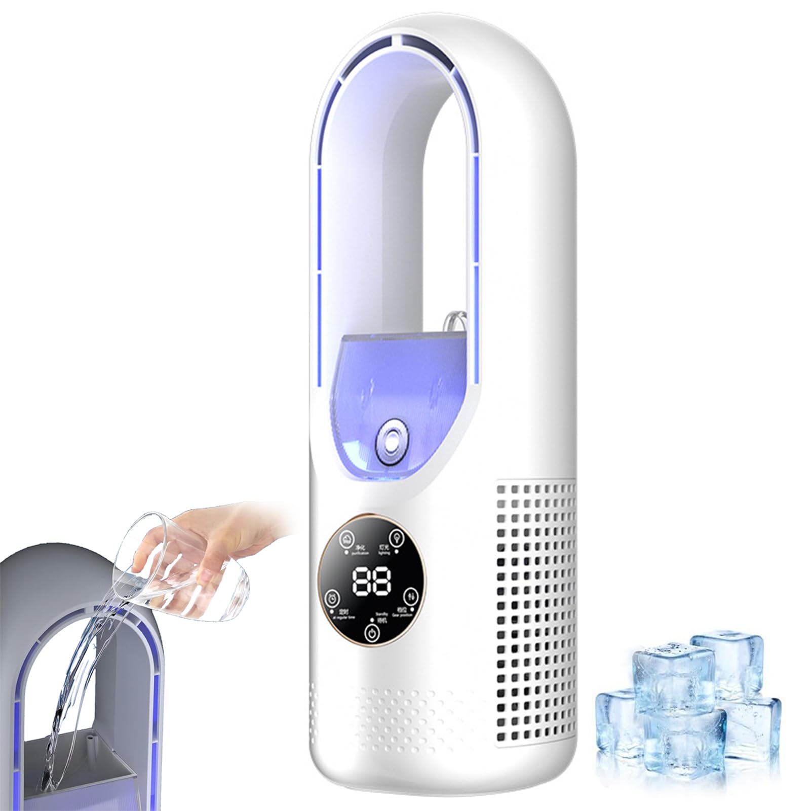 6-Speed Bladeless Electric Fan with Light, 3 in 1 Silent Tower Fan with Cooling & Humidifier, 720° Wide-Angle Airflow, Timer & 100ml Water Tank, Air Circulator Desk Fan for Bedroom Home Office (White)