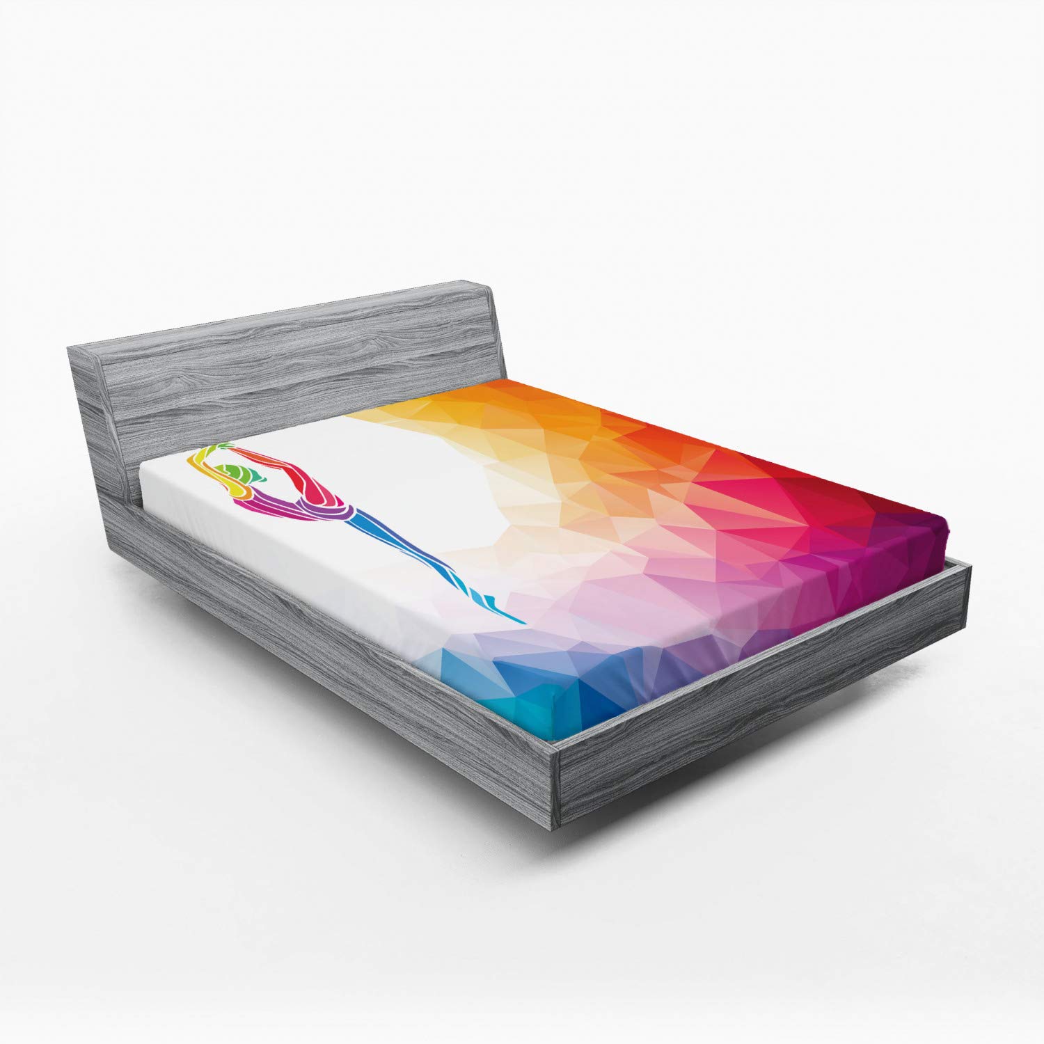 Ambesonne Gymnastics Fitted Sheet, Polygonal Pattern with Colorful Girl Design Acrobatic Composition Active Life, Bed Cover with All-Round Elastic Pocket for Comfort, California King, Rainbow