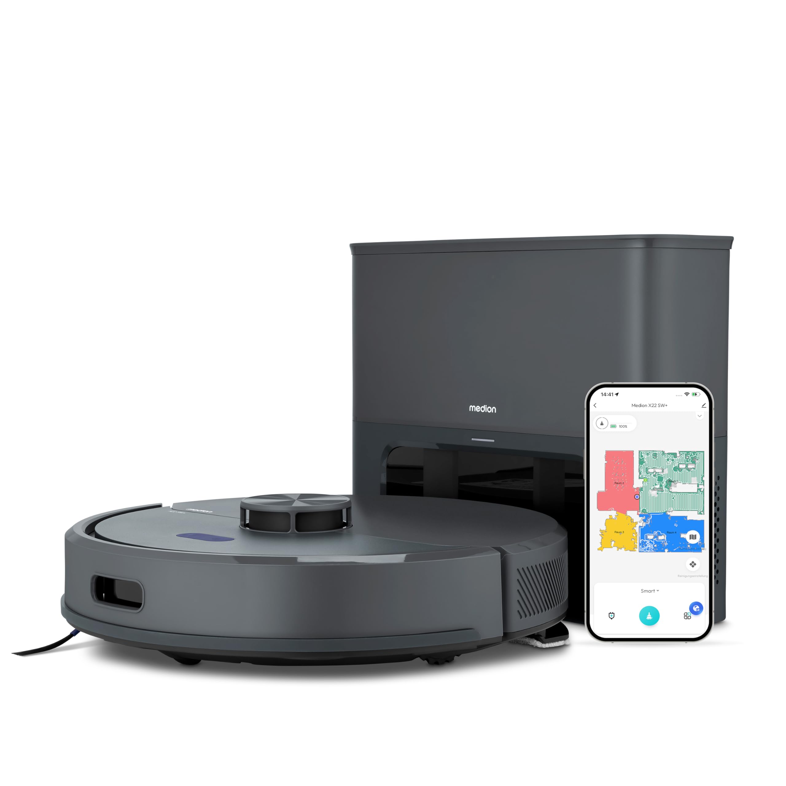 MEDION Robot aspirapolvere con stazione e lavaggio X22 SW+ (navigazione laser, 5.000 Pa, 2-in-1, mappatura precisa, aree no-go, piani multipli, MD 100021) blu
