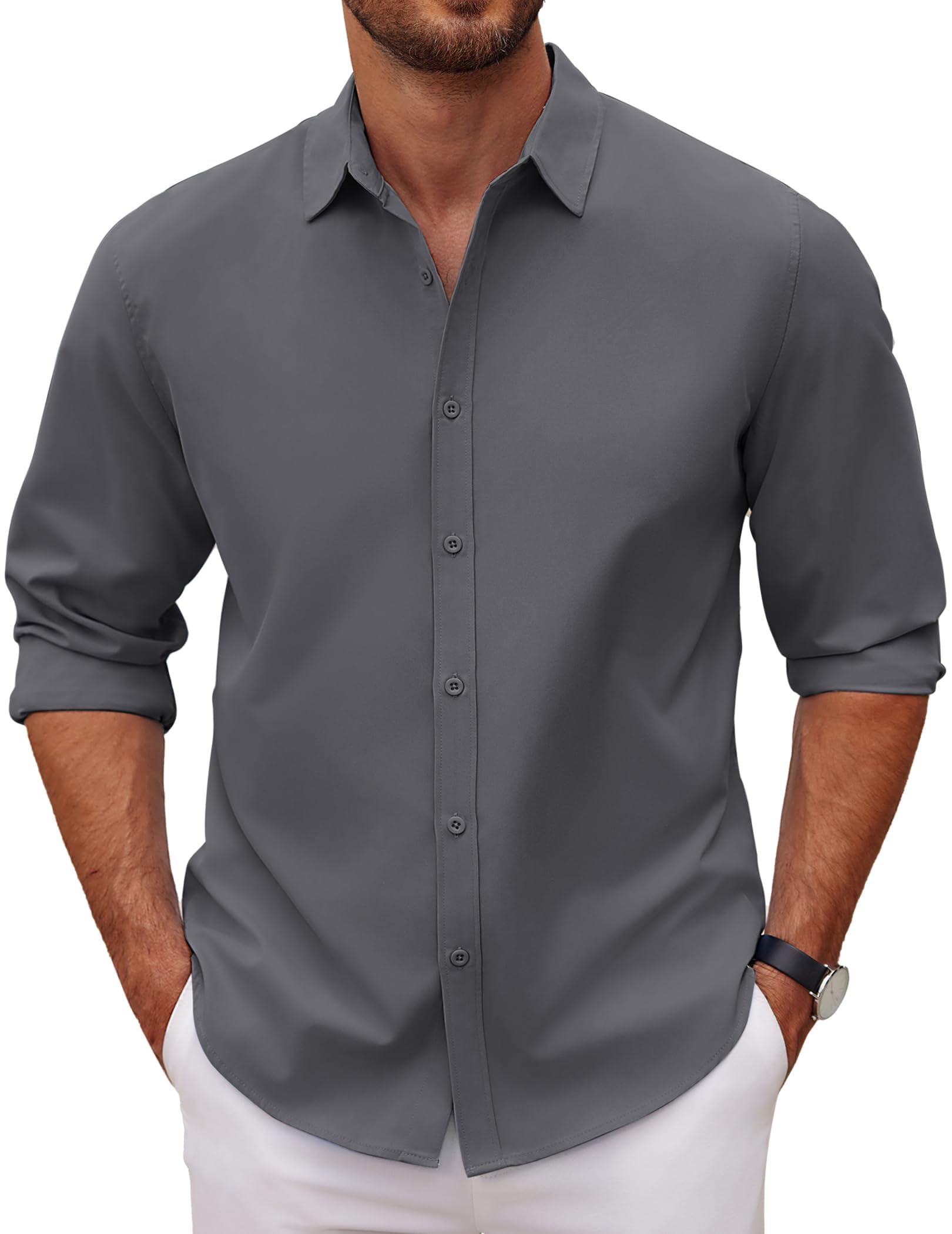 COOFANDY Mens Long Sleeve Button Down Shirts Casual Untucked Dress Shirt Beach Wedding Shirts