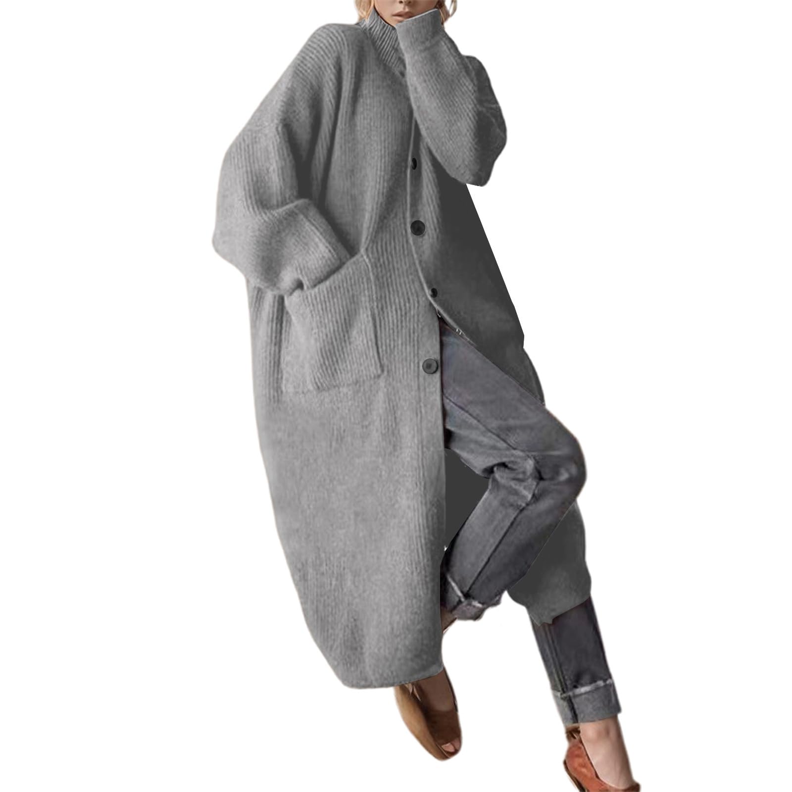 Generisch Damen Pullover Langer Strickjackenmantel mit hohem Halsausschnitt übergroßer Cardigan mit offener Vorderseite praktische Taschen für kühle Jahreszeiten