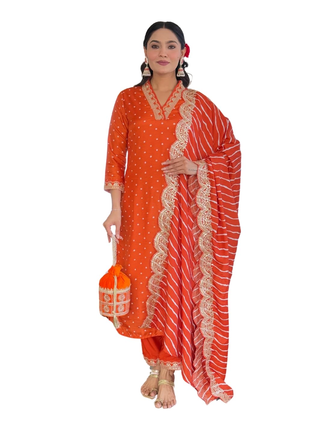 NaixaWomen's Orange Vichitra Silk with Cotton Lining Embroidered Straight Kurta with Rayon Pant and Silk Blend Printed Dupatta Sets (NX-470-Orange-XS)