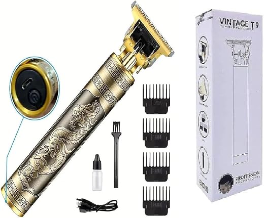 T9 Vintage Professional Hair Trimmer For Men –Golden Metal Body,Cordless,4 Guide Combs,USB Rechargeable,Men'S T9 Golden Me...