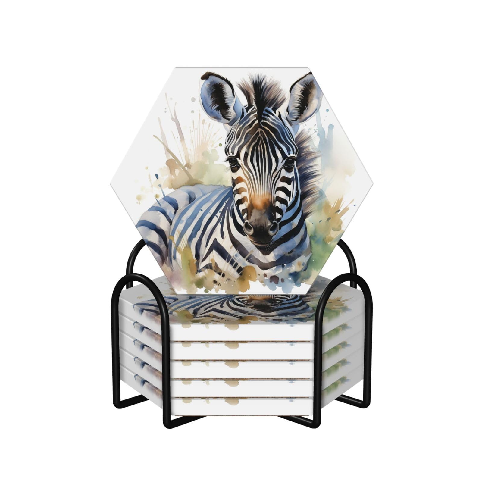 6Pcs Ceramics Coaster for Drinks, Cute Zebra Watercolor Cup Coasters with Holder, Aesthetic Drink Coasters for Coffee Table, Absorbent Round Coaster for Tabletop Protection 4" Cup Mat Pad