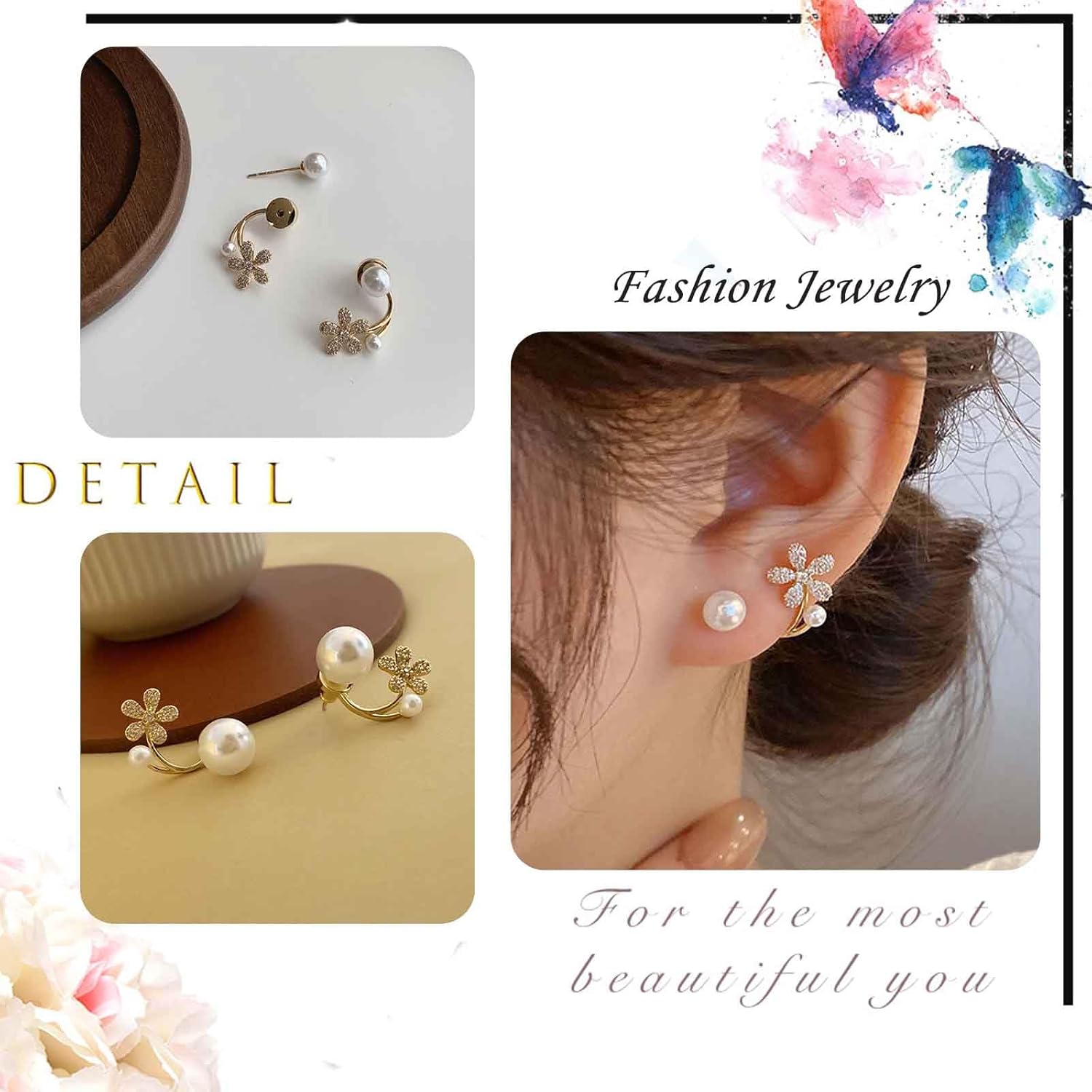 Pearl Ear Jacket Earrings Diamond CZ Flower Pearl Front Back Earrings Small Pearl Flower Stud Earrings Elegant Rhinestone Pearl Ear Wrap Earrings Bridal Jewelry for Women - Image 4