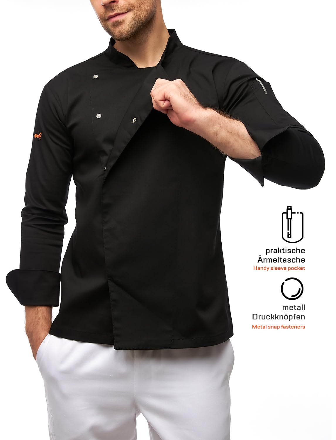 strongAnt Giacca da Chef Uomo a Maniche Lunghe con Bottoni a Pressione Slim Fit Uniforme Moderna per Panettiere - Nero, 2XL