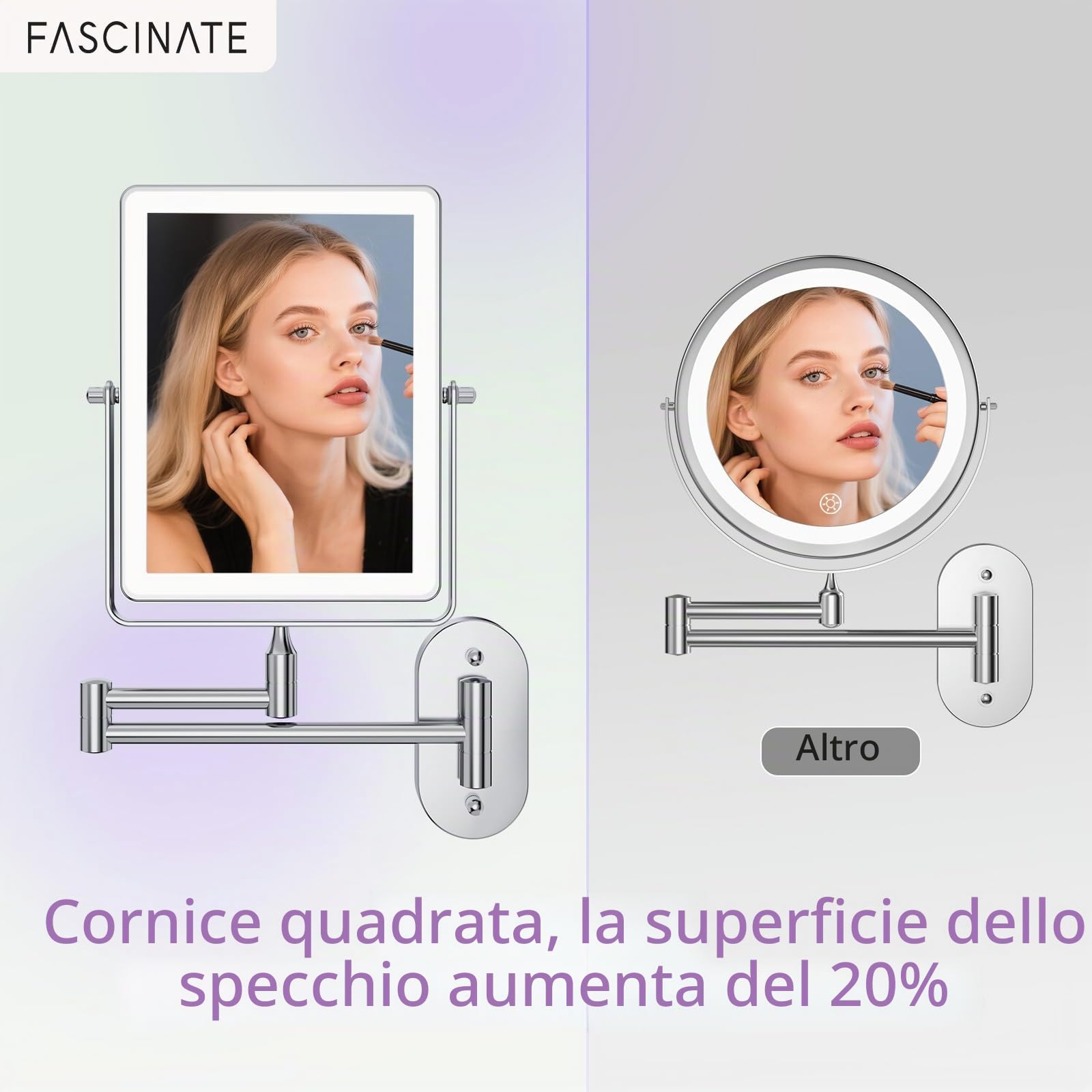 FASCINATE Specchio cosmetico ricaricabile con ingrandimento 1X/10X, 3 luci dimmerabili, touch screen, girevole 360°, montaggio a parete, specchio per il trucco