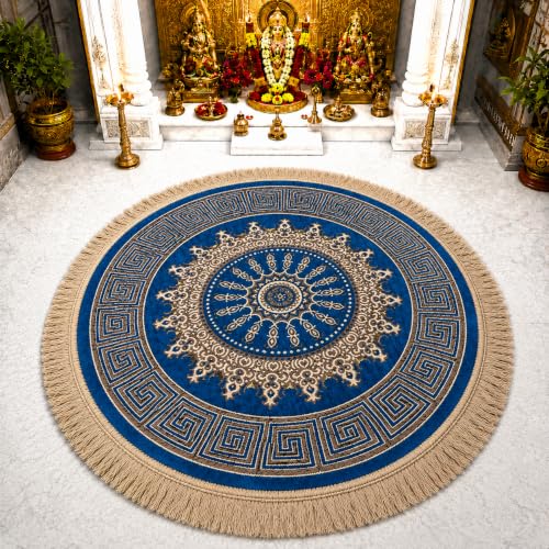 Image of Premium Prayer Mat /Aasan for Home Temple & Meditation | Soft Velvet Touch Cushioned Pooja Mat with Tassels | Washable Floor Rug for Mandir, Yoga, Sitting Mat | 20 x 20 Inch (FEROGI)