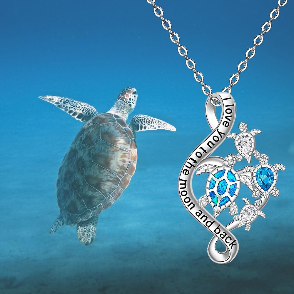 Fenthring Sea Turtle Necklace Turtle Necklaces for Women Mom Pendant Blue Opal Topaz Sterling Silver Heart Infinity Wave Mother Daughter Mothers Day Gifts - Image 3