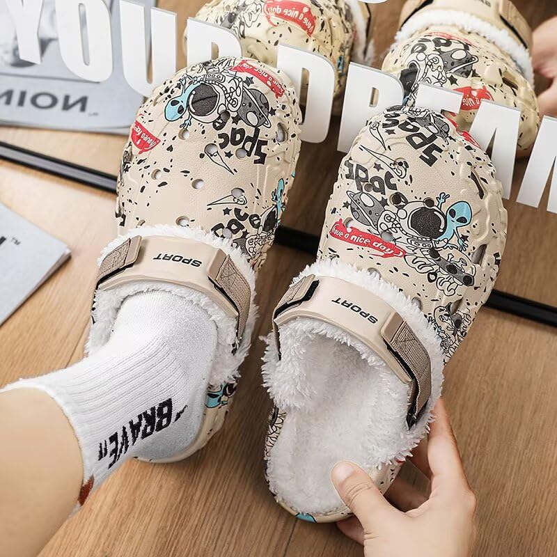 Image of Men's Printed Fuzzy Lined Clogs Winter Slip On Shoes | Warm Plush Lined Clog Shoes with Graphic Design, Lightweight Closed Toe Casual Footwear for Indoor Outdoor Wear