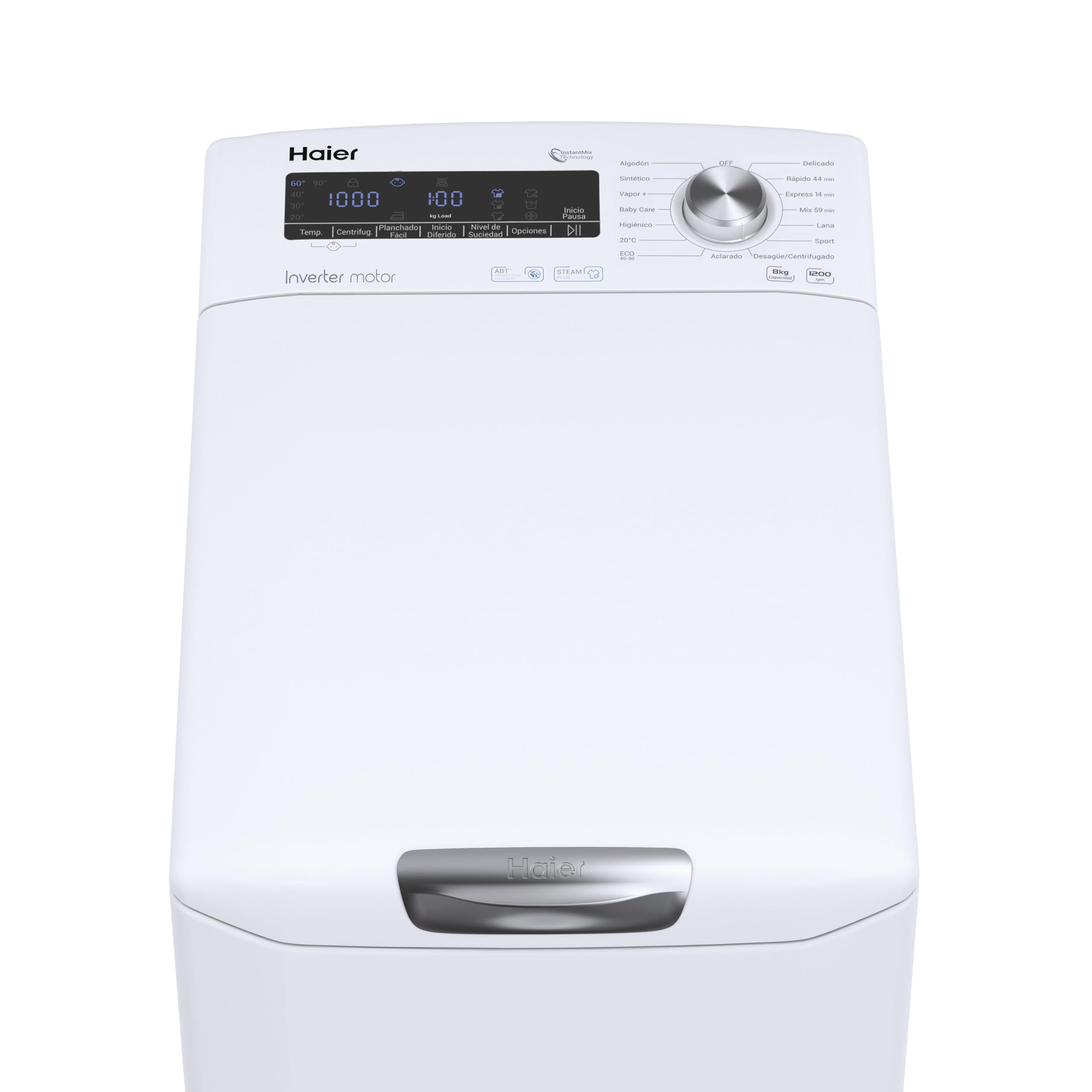 Haier RTXSG28TMC5/1-37 Lavadora carga superior 8KG, 5 Ciclos de Vapor, Motor Inverter, Tratamiento Antibacterias, 1200RPM, Fin Diferido, Apertura suave, Detector automático de KG, 16 programas, Blanco
