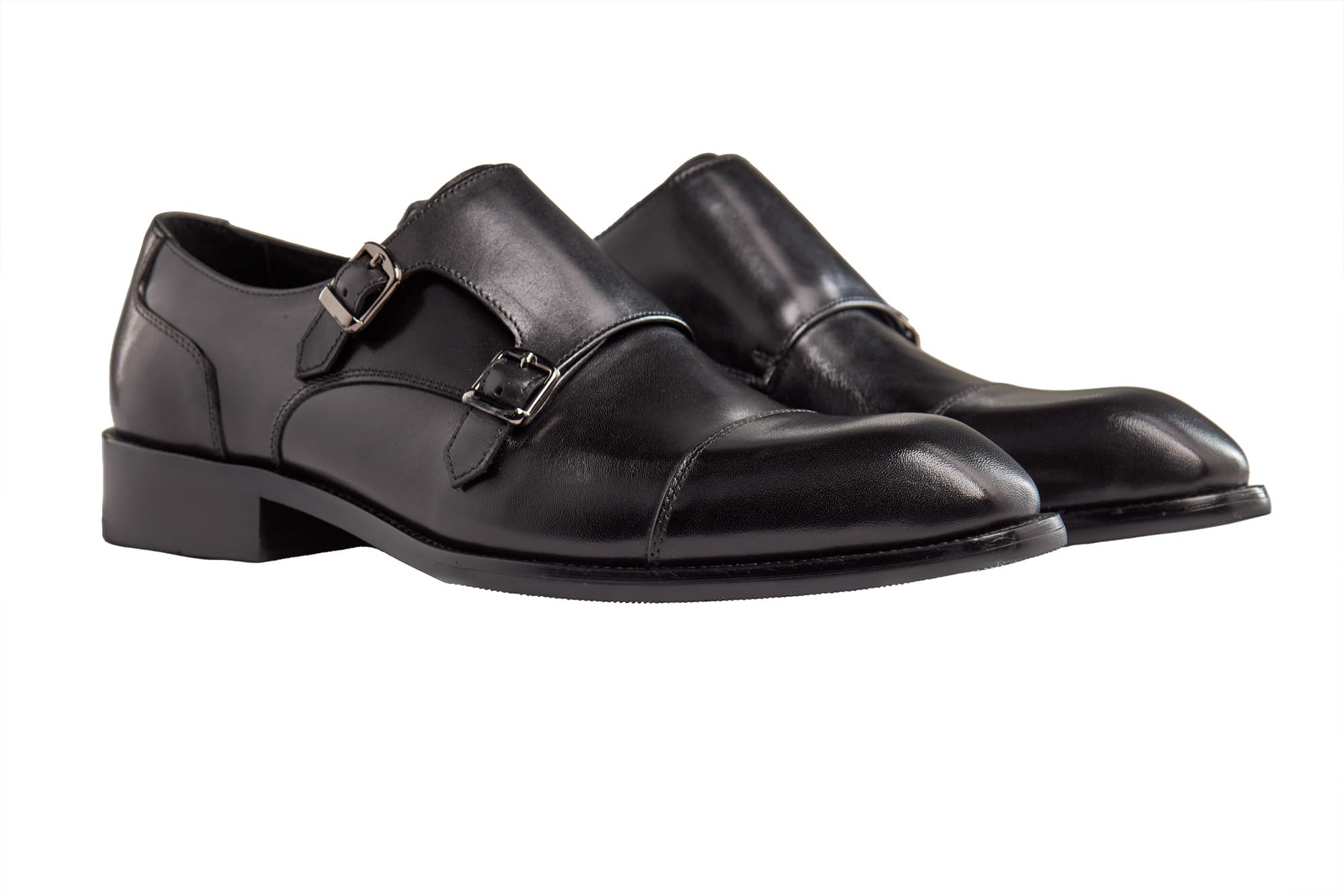 Scarpe da Uomo con Doppia Fibbia Monk Strap in Vera Pelle Liscia Lucida Realizzata a Mano
