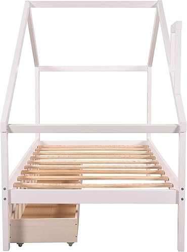Miniatura 6 de LCH Sofá cama de tamaño individual con dos cajones extraíbles, marco de cama de madera maciza con diseño de techo, muebles para el hogar, para niños