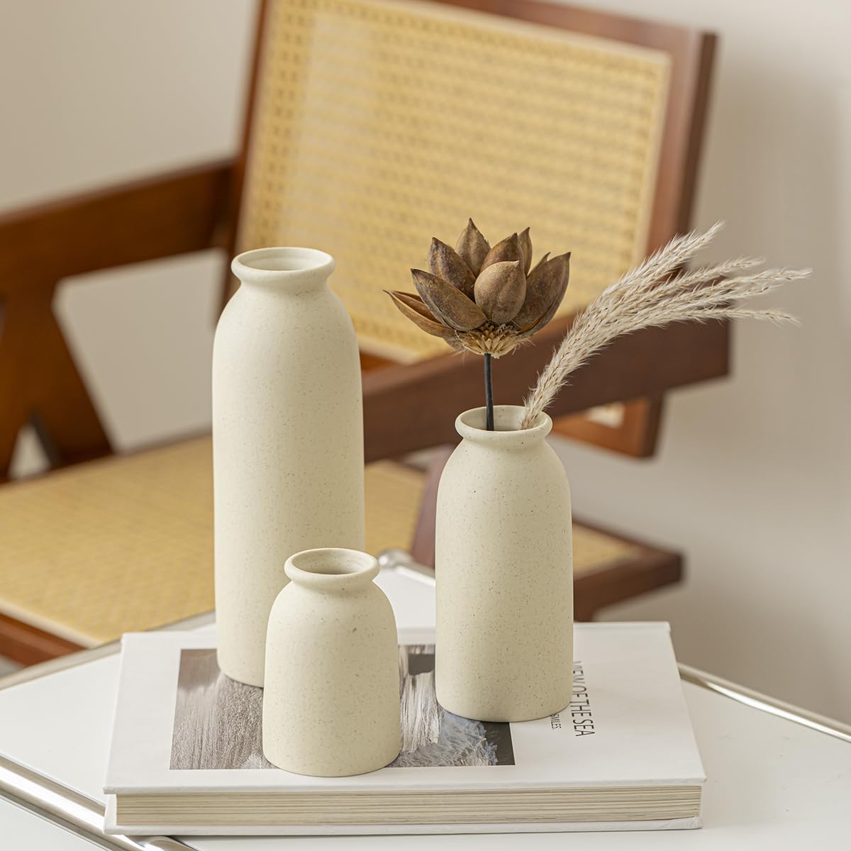 Set di 3 vasi di fiori in ceramica, per decorazioni, arancione, giallo, bianco (Beige Middle Size)