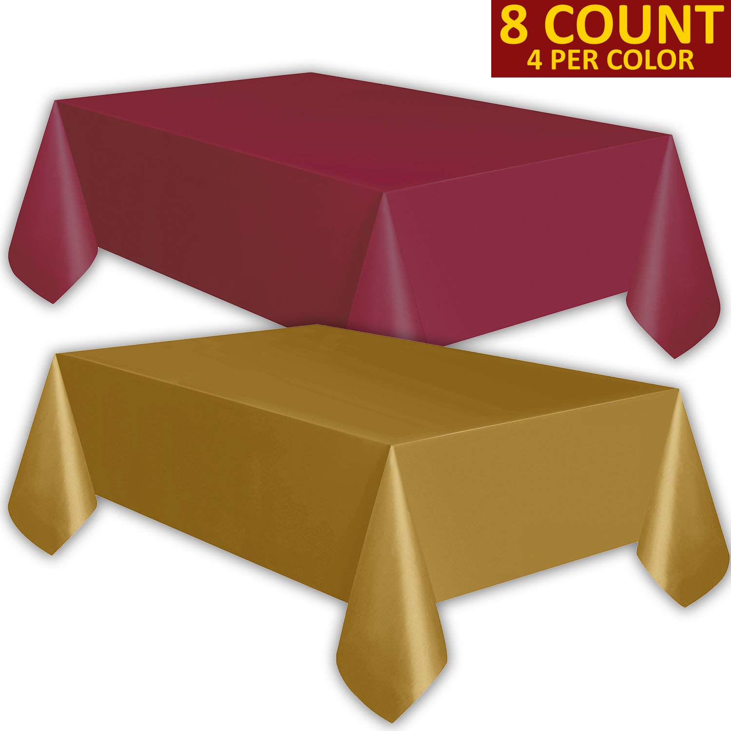 8 Plastic Tablecloths - Burgundy and Gold - Premium Thickness Disposable Table Cover, 108 x 54 Inch, 4 Each Color