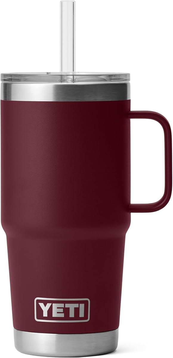 YETI Rambler 25 oz Tumbler with Handle and Straw Lid, Travel Mug Water Tumbler, Vacuum Insulated Cup with Handle, Stainless Steel, Wild Vine Red