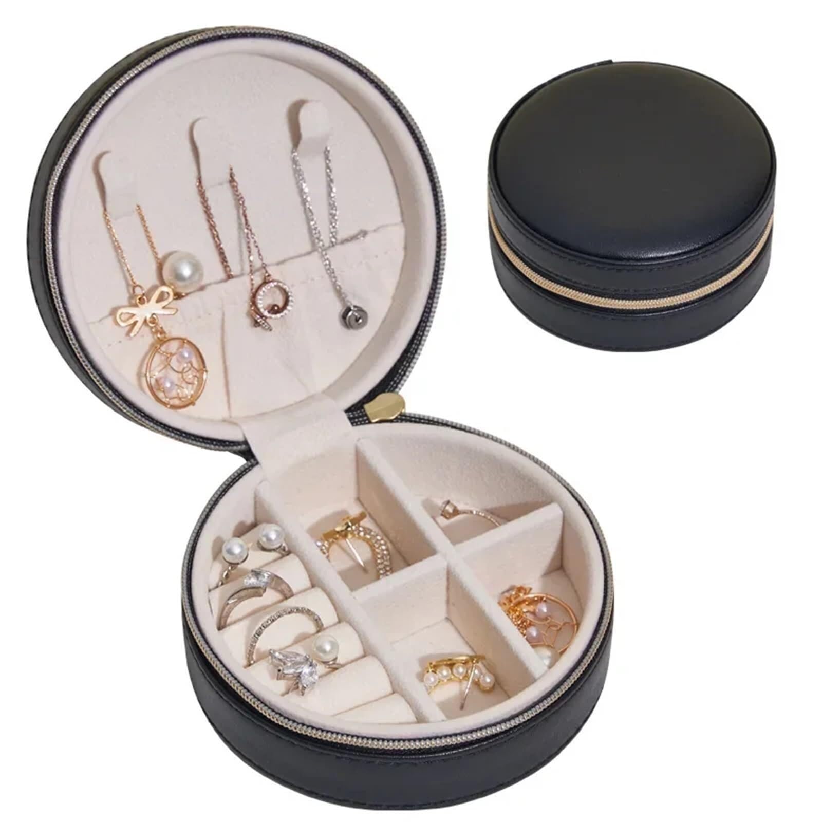 ZHAOQIN Jewellery Box Travel Simple Portable Round Jewelry Box Earring Mini Storage(Black)