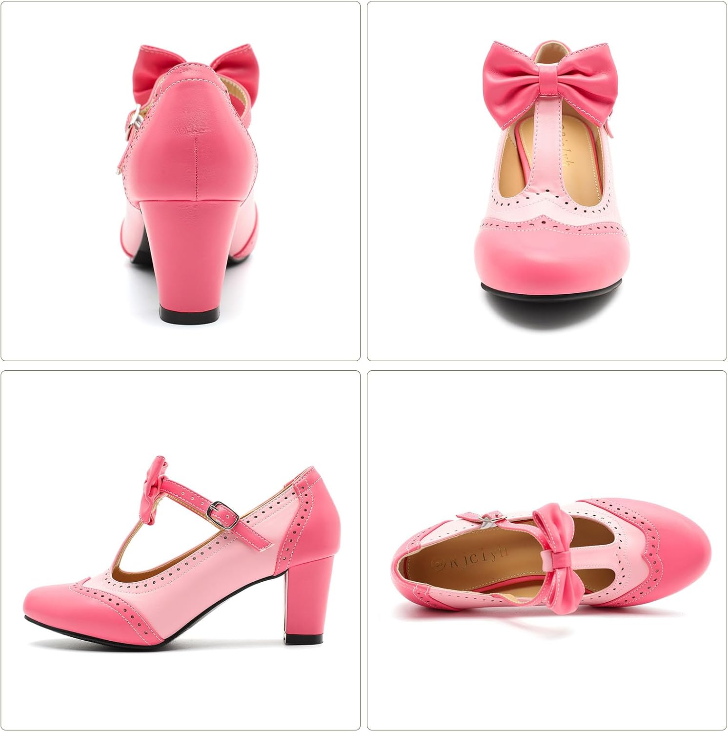 Women's T-Strap Mary Jane Pumps-Low Block Chunky Bow Heels-Retro Closed Toe Ankle Strap Dress Shoes for Wedding, Lolita, Office & Daily Wear.