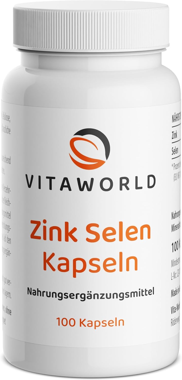 Vitaworld Selenium Zink capsules, hoge dosis, 15 mg zink + selenium 100 μg per dag (100 veganistische capsules), ideaal voor immuunsysteem, huid, haar en nagels, laboratorium getest, zonder