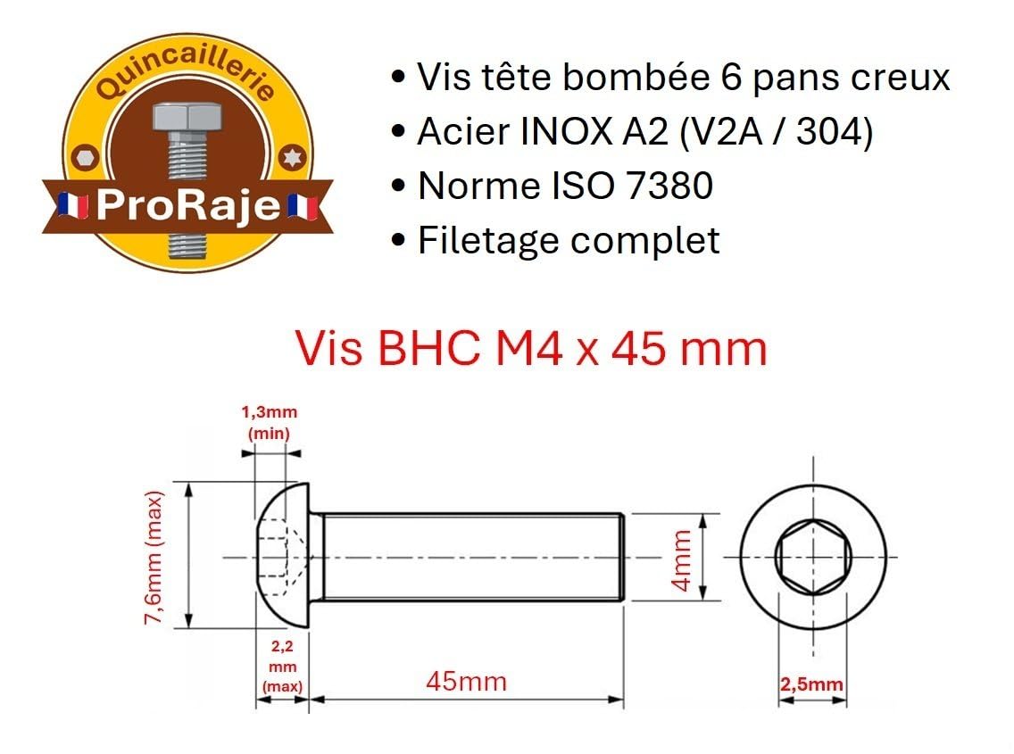 Screws Inox M4 x 45 mm Rounded Head BTR Diameter 4 x 45 mm Cylinder Screw M4 x 45 mm BHC with Allen Key Stainless Steel A2-70 (V2A/304) DIN ISO 7380-1: Pack of 5 ProRaje - Image 3