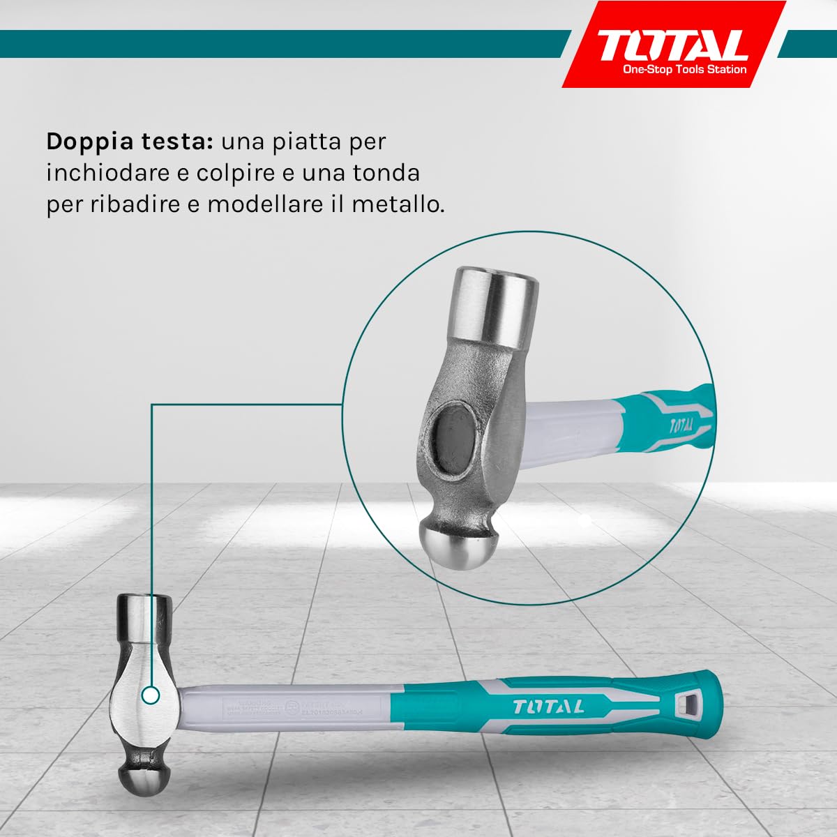 TOTAL - Martello a Sfera - Testa in Acciaio Forgiato - Manico Ergonomico in Fibra - Utensile Meccanico - Ideale per Colpi Precisi - 450 gr