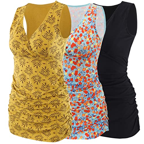 COLOMI Haut de grossesse sans manches pour femme - Col en V - Mode grossesse, Noir + jaune + imprimé orange / lot de 3, L Cover