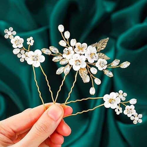 Miniatura 5 de GORAIS Pinzas para el pelo de boda con perlas y flores, accesorios para mujeres y novias (paquete de 3)