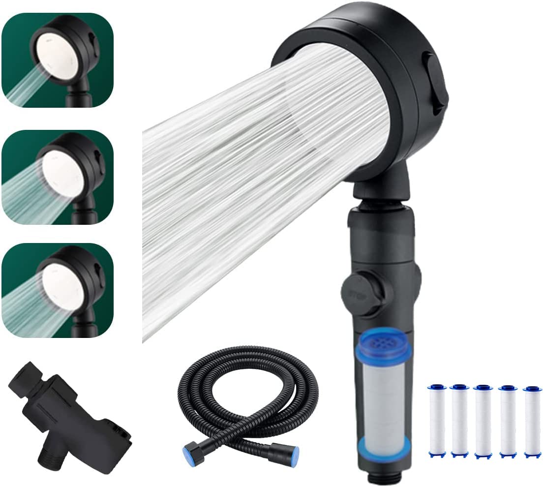 Chrome High Pressure Handheld Shower Head with Pause Switch, 3 Spray Modes Shower Head with Filter Hose and Adjustable Bracket，360 Degree Rotating Handheld Shower Head Combo with 5 Filters (Black)