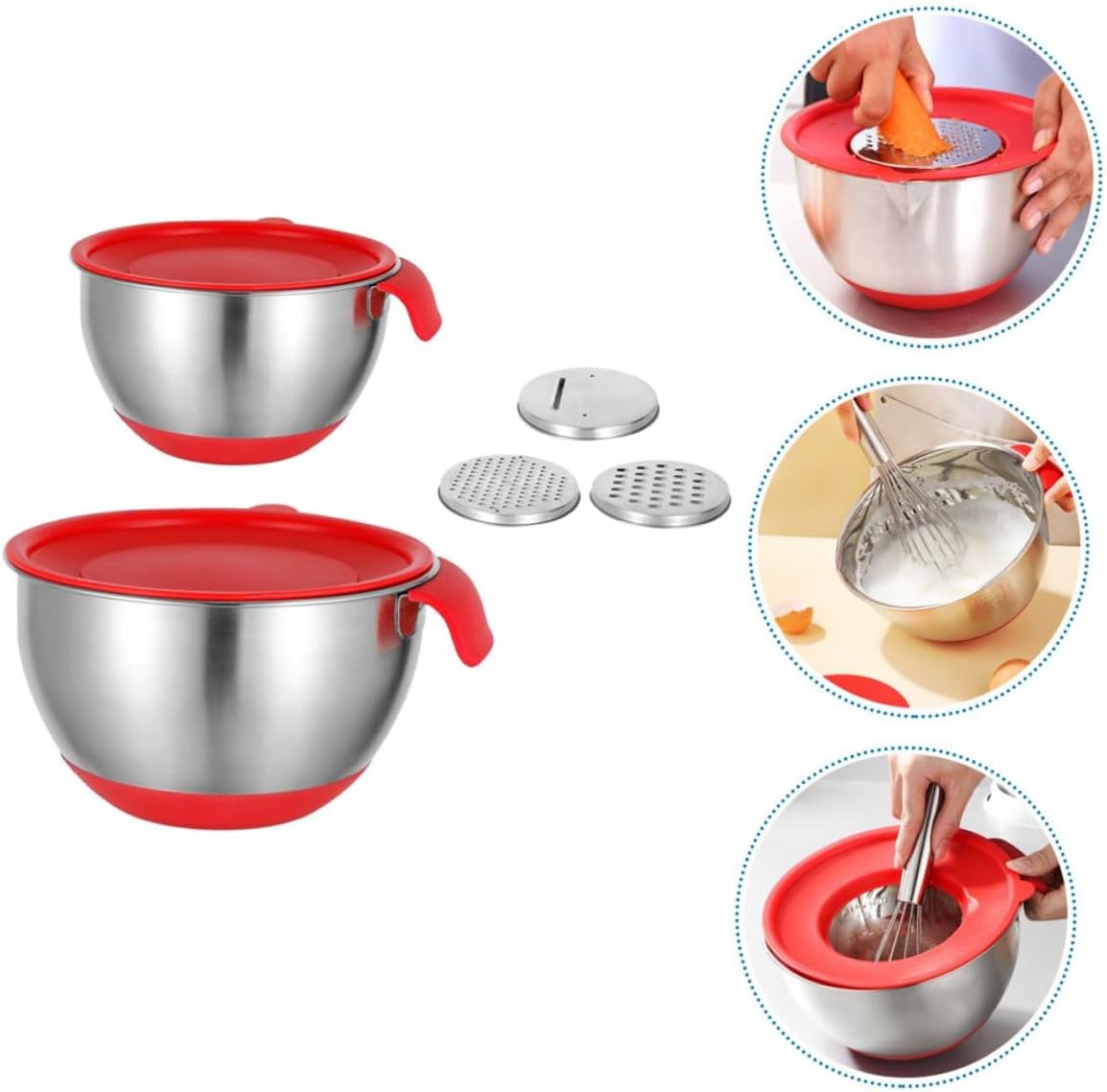 Stainless Steel Mixing Bowl Set with Silicone Bottom Red Handle 18Cm 20Cm Bowls Includes 2 Lettered Lids and 3 Graters for Kitchen and Food Storage