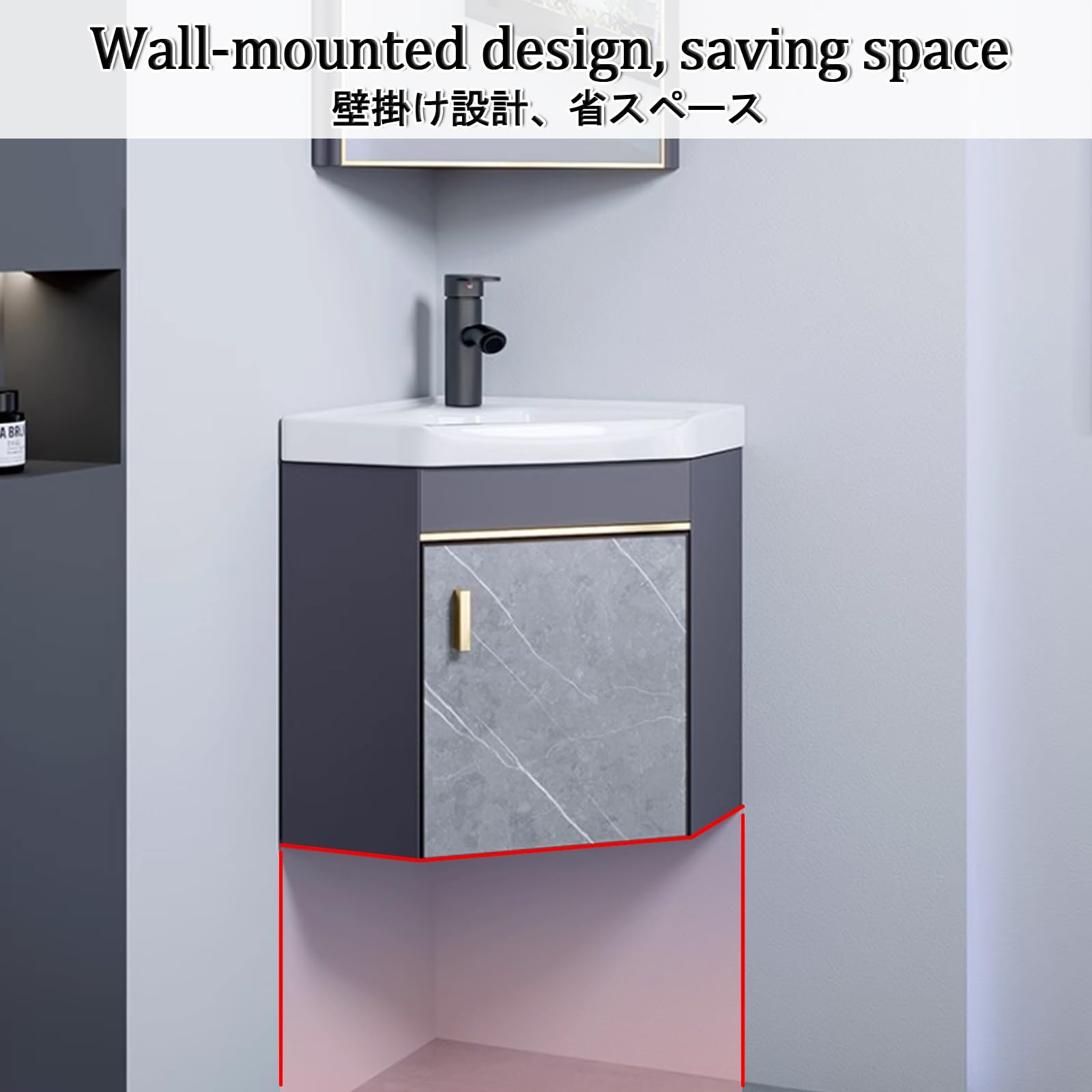 Bagno Lavabo Angolare su Piedistallo Mobile con Rubinetto e Scarico, Specchio e Sospeso per Bagno e Lavanderia