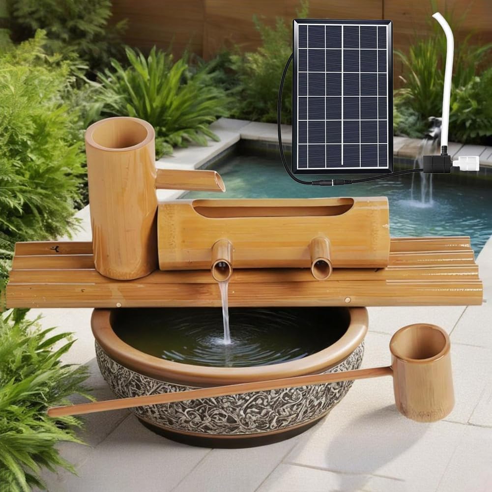 Kit fontana solare in bambù, pompa resistente agli urti da 50,8 cm, per giardino, stagno, piscina, vasca per uccelli, fontana ecologica per esterni