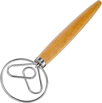 Danish Dough Whisk Dutch Bread Mixer Stainless Steel Hook Wooden Handle Baking Tools for Sourdough Pizza Pastry Cake Batter Making