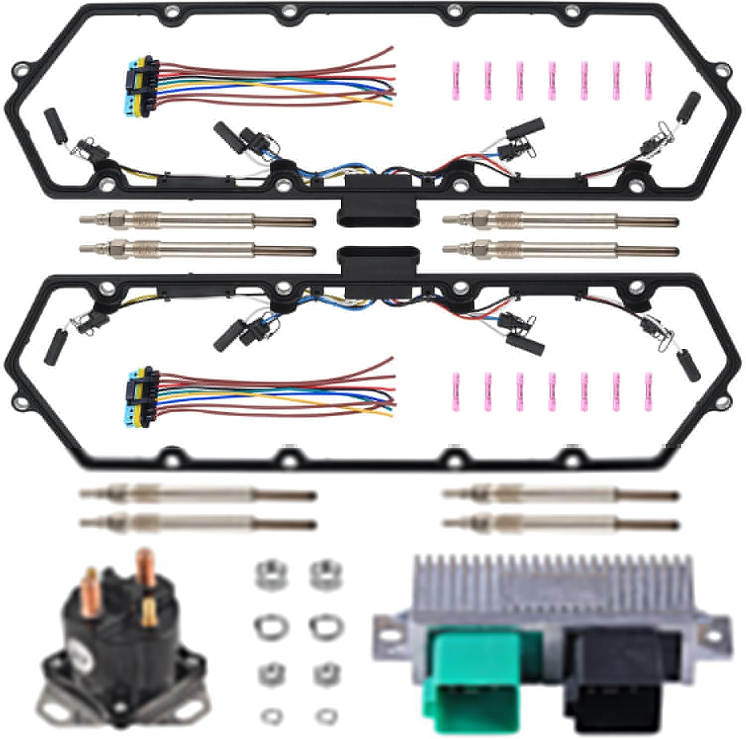 Valve Cover Gasket Kit with 8 Glow Plugs & 4 Injector Glow Plug Harnesses & Relay Solenoid & Controller Compatible with 98-03 7.3L Ford Powerstroke Diesel