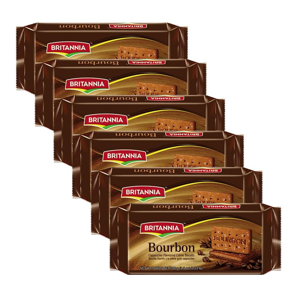 Britannia Bourbon the Original - Cappuccino Creme Biscuits 3.52oz (100g) - Pack of 6 - Smooth Chocolate Cream Biscuits for Breakfast & Snacks - Topped with Sugar Crystals