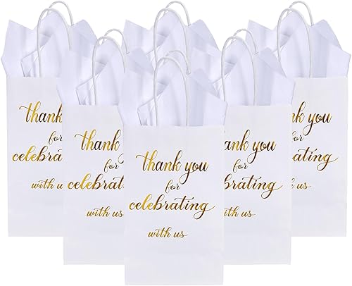 DjinnGlory Paquete de 50 pequeñas bolsas de regalo de papel de agradecimiento de papel blanco y dorado con asas y papel de seda para cumpleaños,