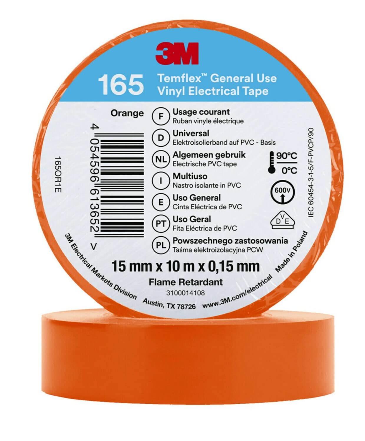 3M Temflex™ Vinyl-Isolierband 165, Orange, 15 mm x 10 m, 100 Rollen